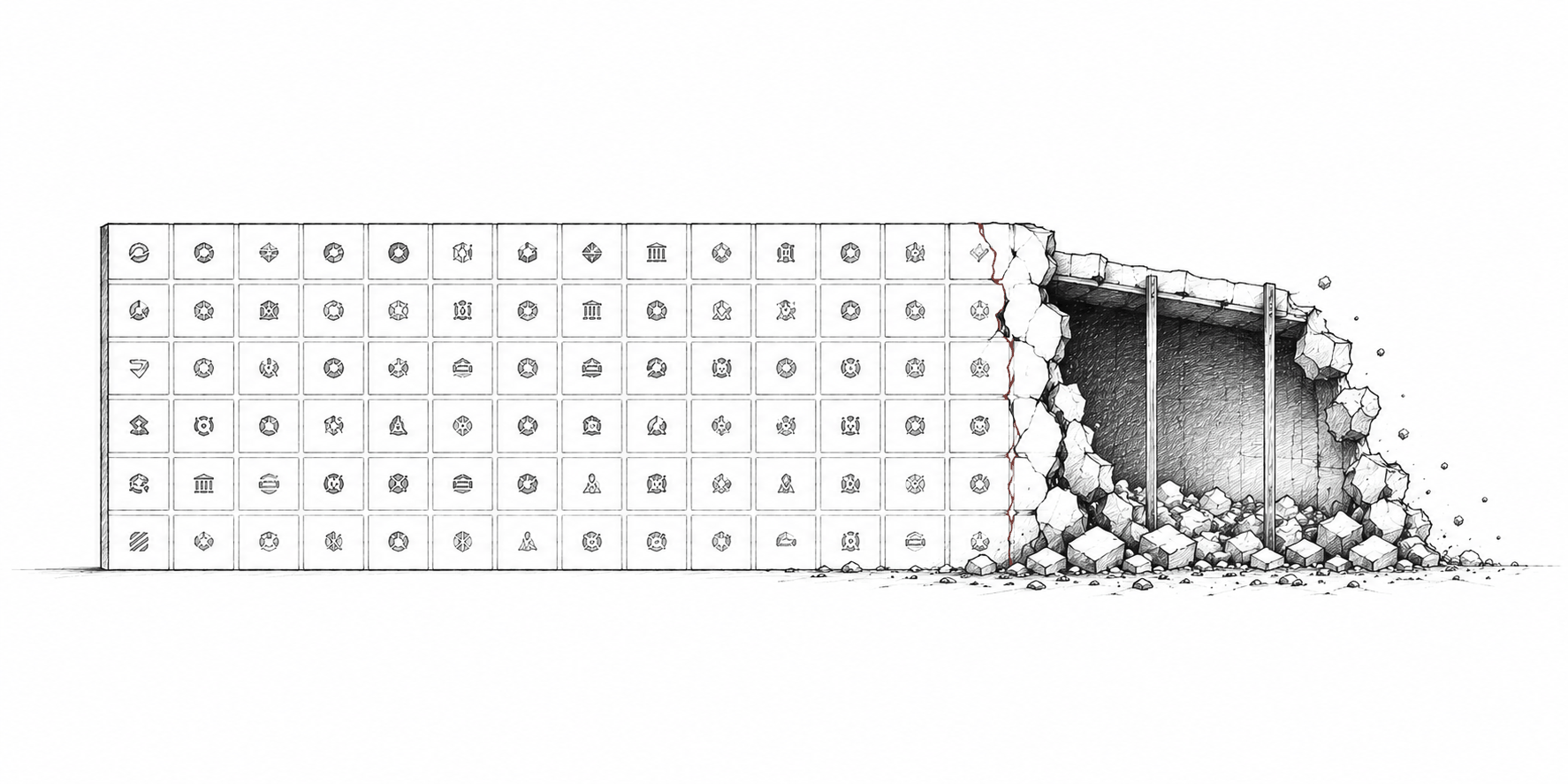 Logo walls, or faking it till you make it: a long wall built of partner logo tiles cracks open at one end, spilling rubble and revealing the truth behind it: a hollow facade held up by a couple of props, with nothing else there.