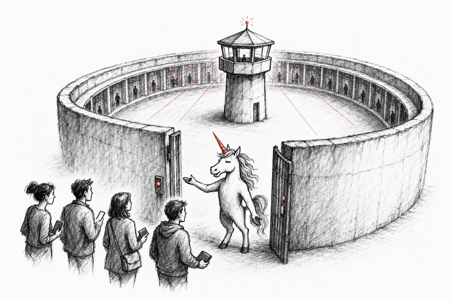 Your keys, your crypto, not your data: a charcoal editorial sketch of a unicorn inside a circular panopticon, inviting people with phones and wallets through an open gate while a central watchtower sends red sight lines across the courtyard.